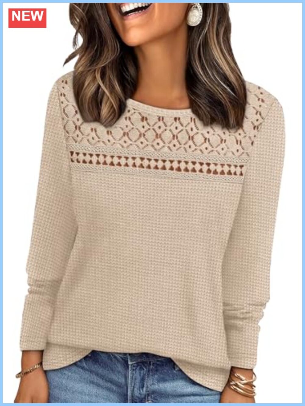 Womens Lace Long Sleeve Shirt Dressy Casual Lightweight Waffle Knit Top